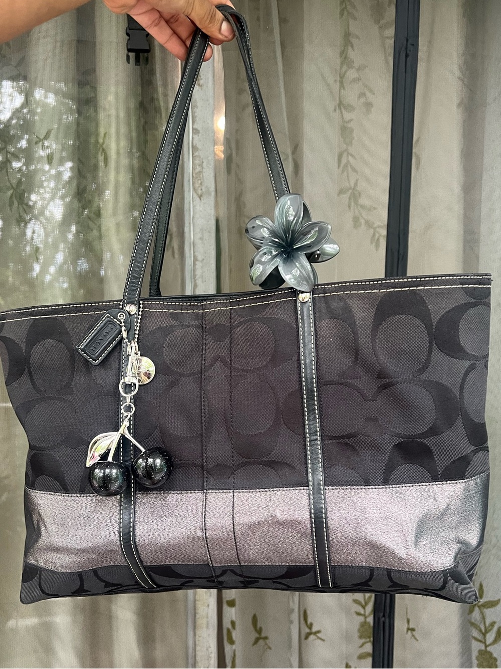 Coach Black and Metallic Gray Signature Tote